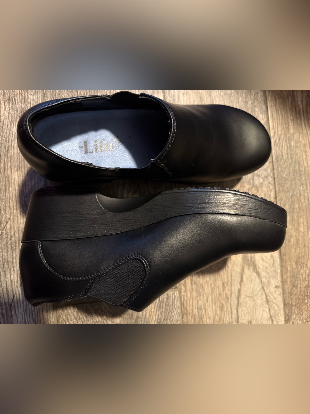 Lila Women’s Shoes for Crews Black Slip-On Wedge Clogs Elastic Panels 10